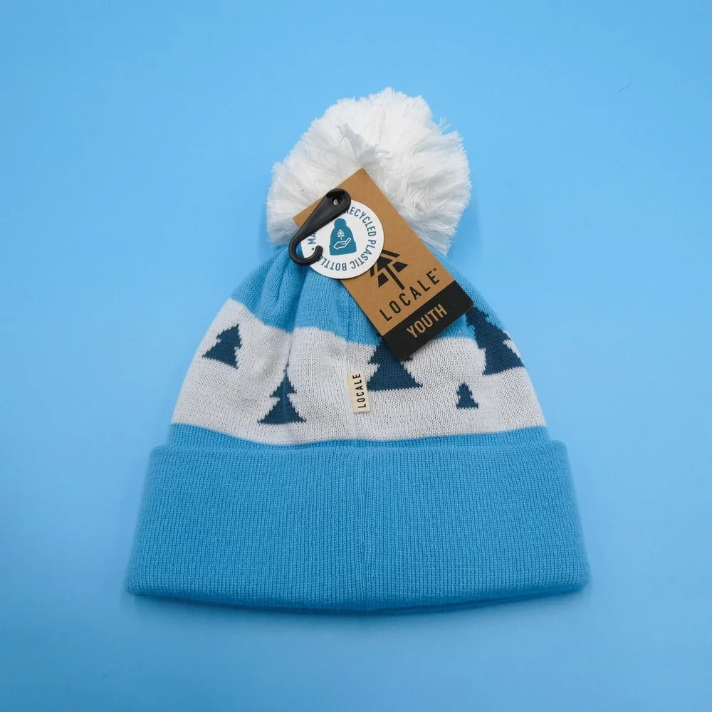 Locale Beanie Hat Youth One Size Black Hills South Dakota Blue Pom Recycled Knit